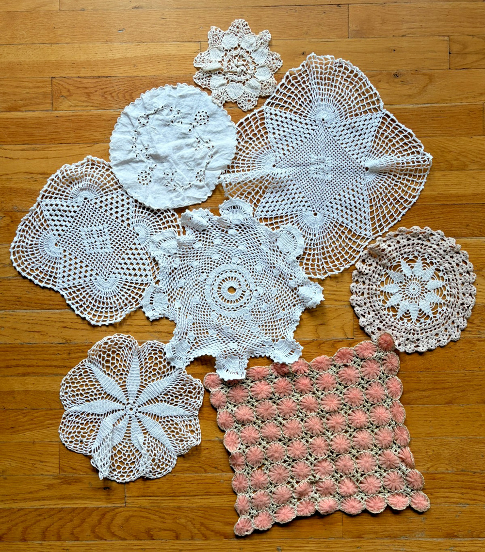 Vintage Crochet Doily Lot Mixed Lace Cotton Textured Set 8pc White Pink 16in
